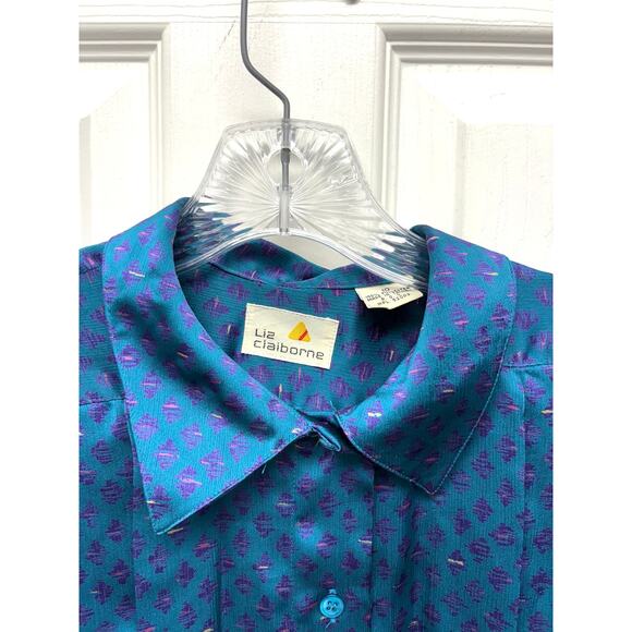 Vintage Liz Claiborne Teal Purple Print Blouson Blouse Size 10 Secretary Style - Picture 2 of 6